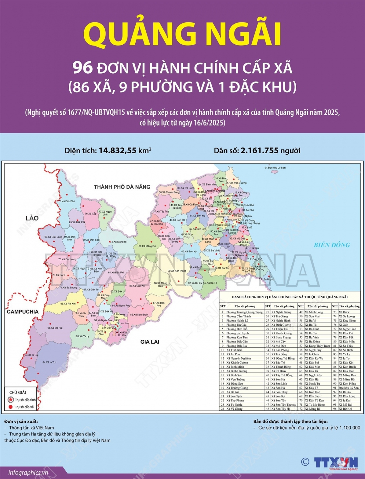 Bản đồ chi tiết 96 đơn vị hành chính cấp xã của Quảng Ngãi từ ngày 16/6/2025